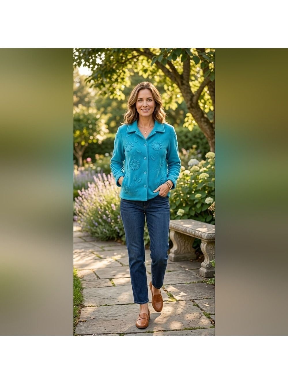 Susan Graver Style Teal floral vine applique fleece jacket Size Medium EUC